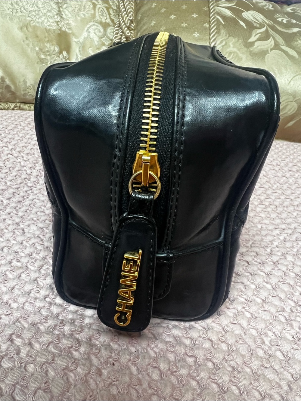 Chanel Vintage Black Quilted Lambskin Vanity Cosmetic Case Gold Hardware